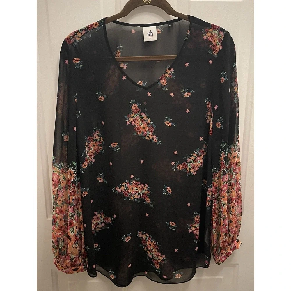 Cabi Black Sheer‎ Floral Blooming Blouse Sheer Balloon Long Sleeve V Neck Size M - Picture 2 of 8